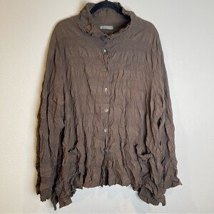 CHALET ET CECI Button Down Tunic Top 2X Brown Crinkle Lagenlook Boho Art To Wear